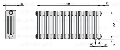 Схема (чертеж) Радиатор Zehnder Charleston 4045/18 №5510 Белый глянцевый RAL 9016